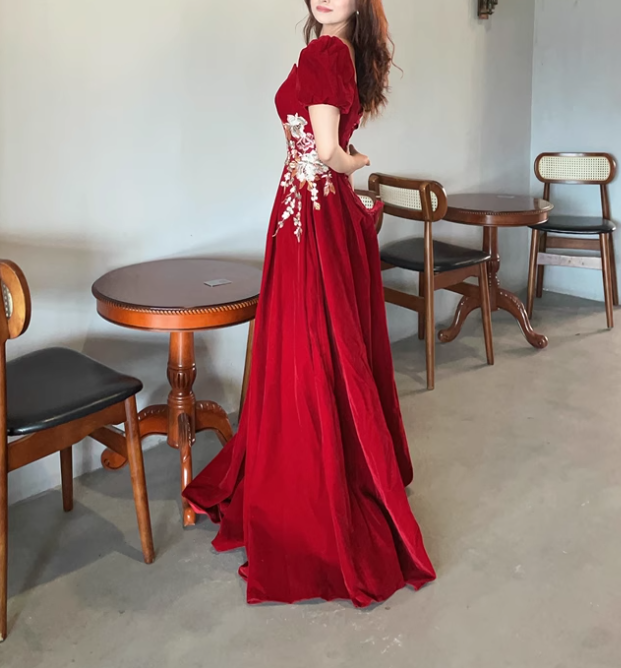 A-Line Short Sleeve Velvet Applique Burgundy Long Prom Dress ED0934