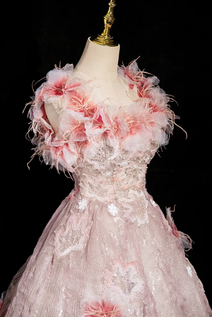 Pink A-line square neck tulle beaded formal long dress, pink birthday dress ED0937