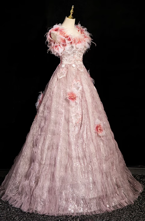 Pink A-line square neck tulle beaded formal long dress, pink birthday dress ED0937