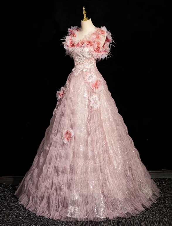 Pink A-line square neck tulle beaded formal long dress, pink birthday dress ED0937