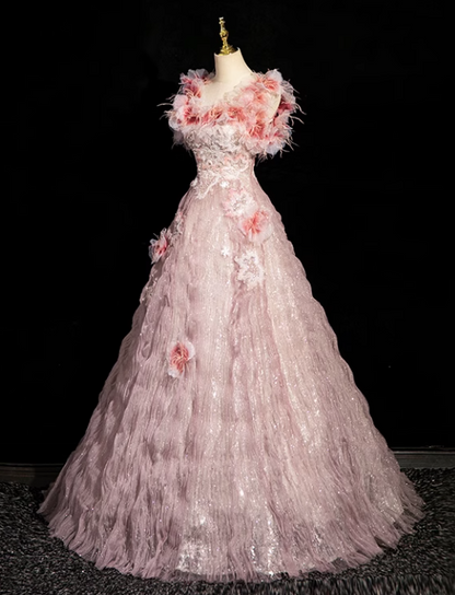 Pink A-line square neck tulle beaded formal long dress, pink birthday dress ED0937