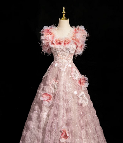 Pink A-line square neck tulle beaded formal long dress, pink birthday dress ED0937