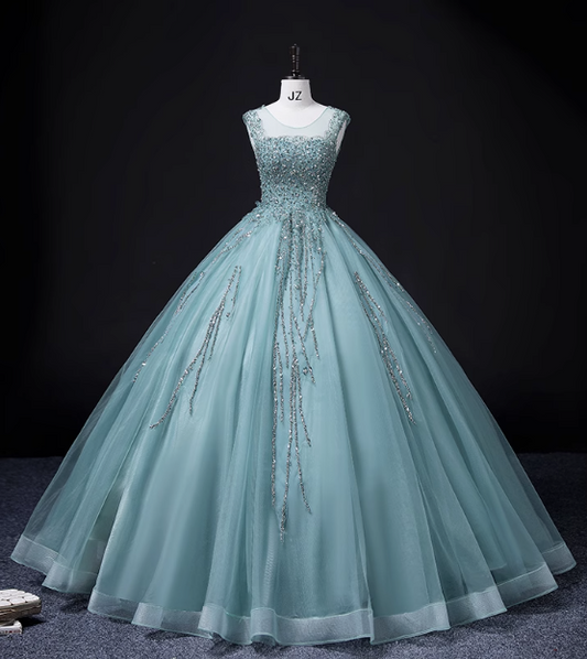 Green A-line mesh sequins formal long dress, green sequins evening dress ED0938