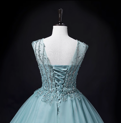 Green A-line mesh sequins formal long dress, green sequins evening dress ED0938