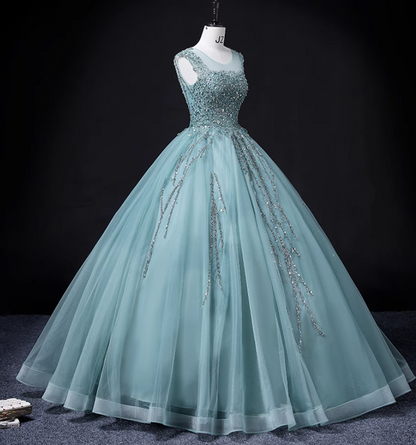 Green A-line mesh sequins formal long dress, green sequins evening dress ED0938