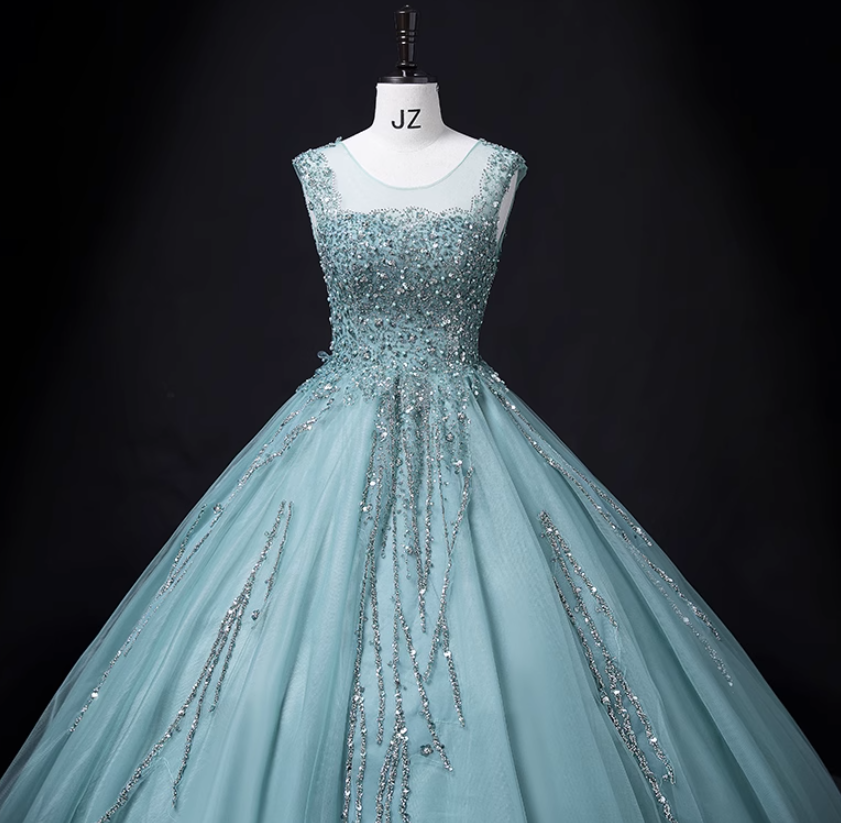 Green A-line mesh sequins formal long dress, green sequins evening dress ED0938