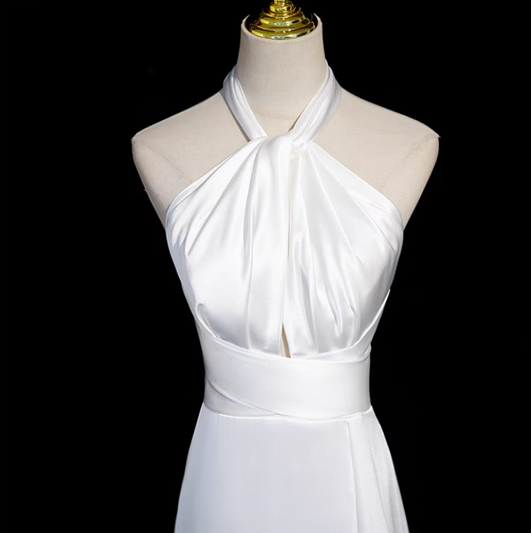 White halter neck satin mermaid formal long dress , white wedding dress ED0939