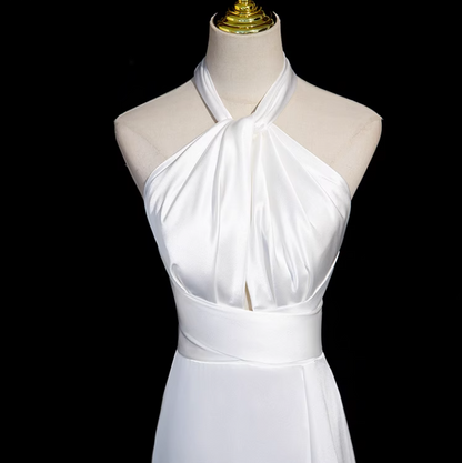 White halter neck satin mermaid formal long dress , white wedding dress ED0939