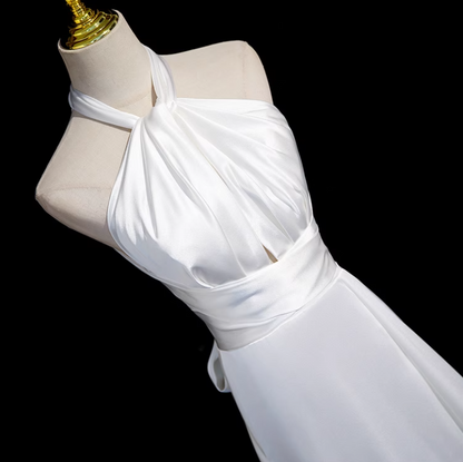 White halter neck satin mermaid formal long dress , white wedding dress ED0939