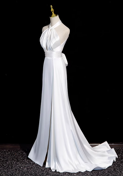 White halter neck satin mermaid formal long dress , white wedding dress ED0939