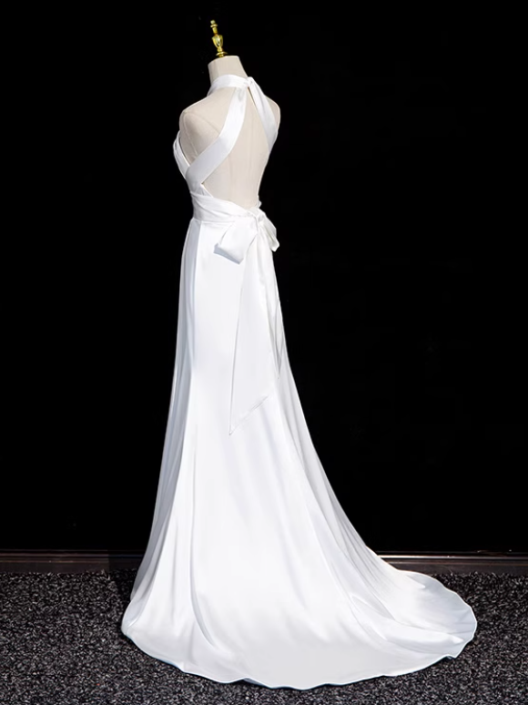White halter neck satin mermaid formal long dress , white wedding dress ED0939