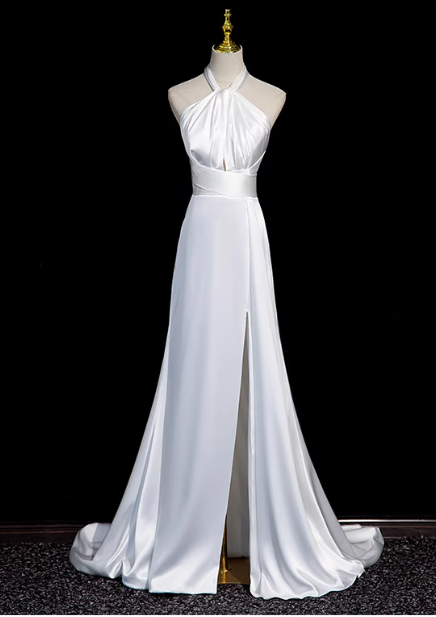 White halter neck satin mermaid formal long dress , white wedding dress ED0939