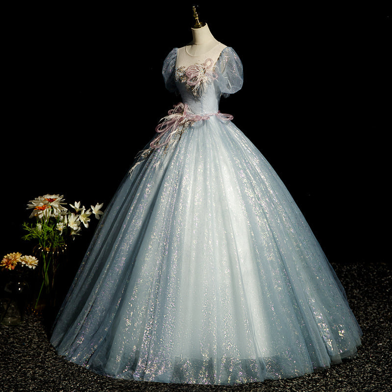 Gray blue A-line tulle sequins formal long dress, gray blue evening dress ED0940