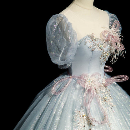 Gray blue A-line tulle sequins formal long dress, gray blue evening dress ED0940