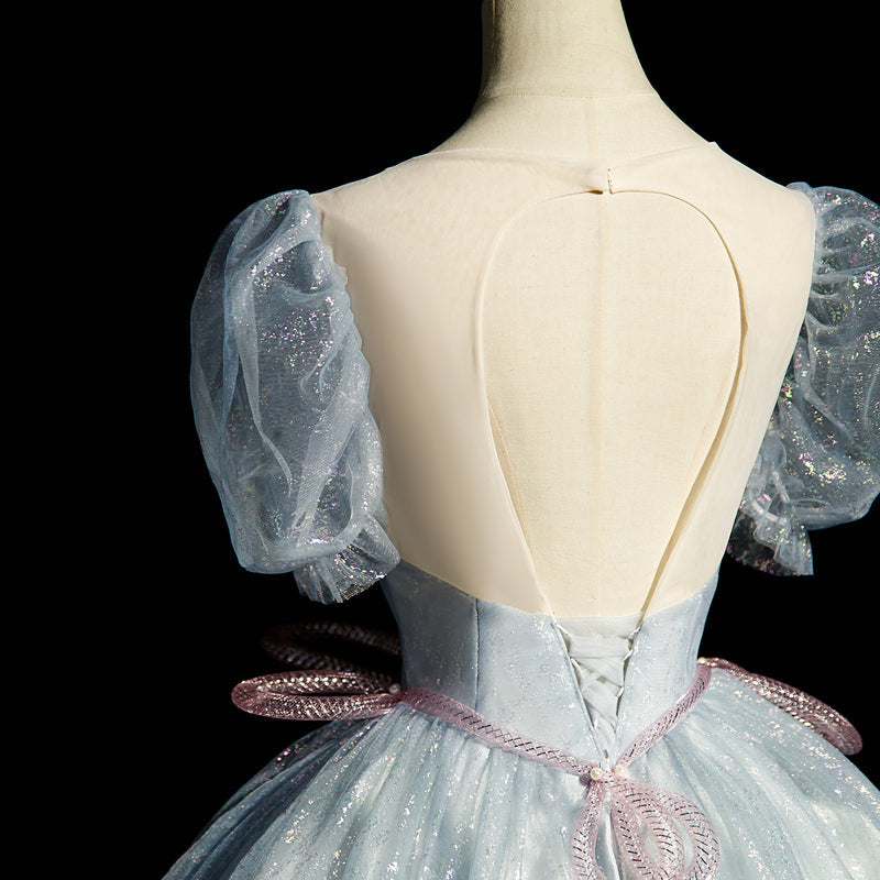 Gray blue A-line tulle sequins formal long dress, gray blue evening dress ED0940