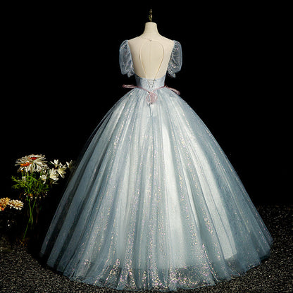 Gray blue A-line tulle sequins formal long dress, gray blue evening dress ED0940