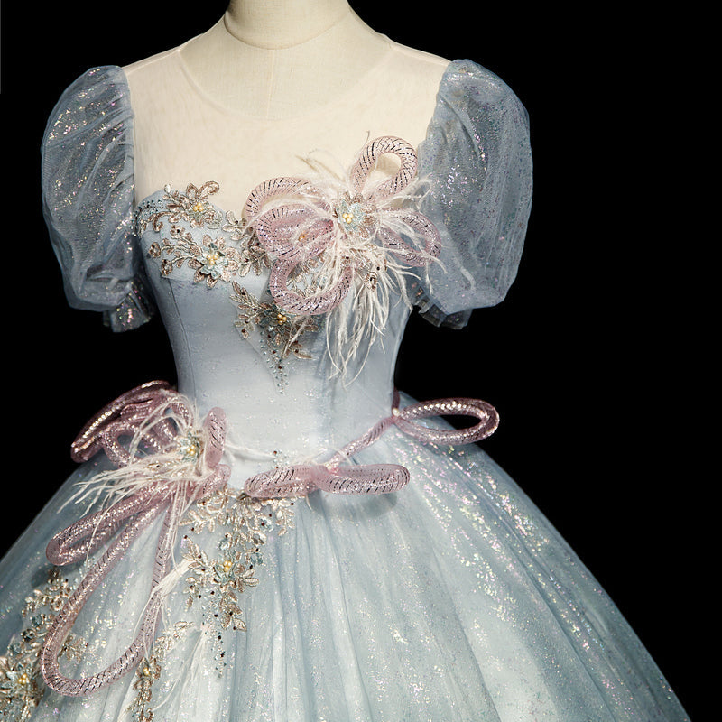 Gray blue A-line tulle sequins formal long dress, gray blue evening dress ED0940