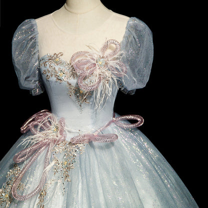 Gray blue A-line tulle sequins formal long dress, gray blue evening dress ED0940