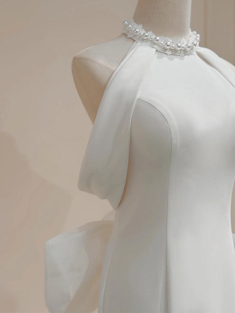 White halter neck satin mermaid formal long dress, white evening dress ED0941