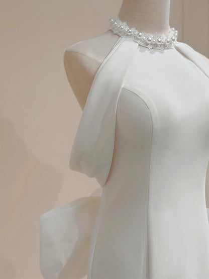 White halter neck satin mermaid formal long dress, white evening dress ED0941