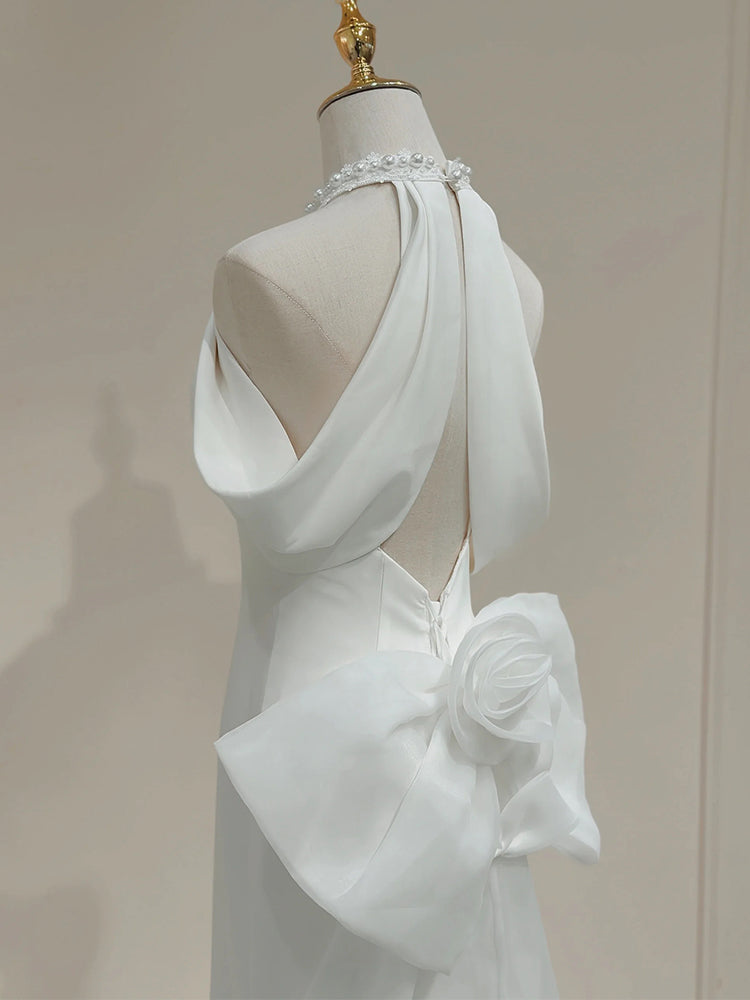 White halter neck satin mermaid formal long dress, white evening dress ED0941