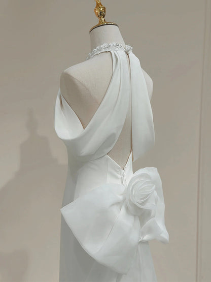 White halter neck satin mermaid formal long dress, white evening dress ED0941