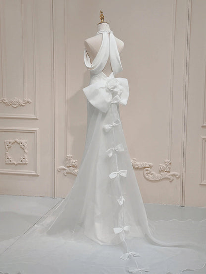 White halter neck satin mermaid formal long dress, white evening dress ED0941