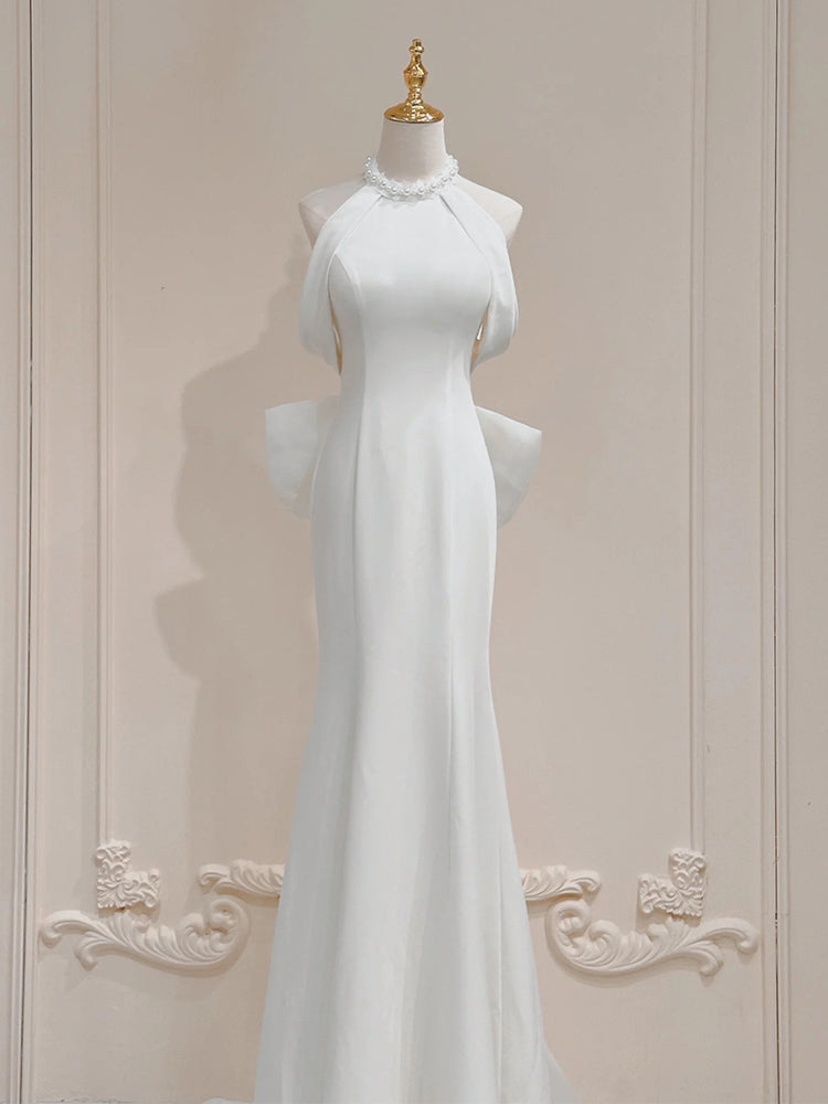 White halter neck satin mermaid formal long dress, white evening dress ED0941