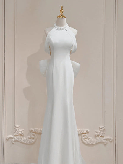 White halter neck satin mermaid formal long dress, white evening dress ED0941