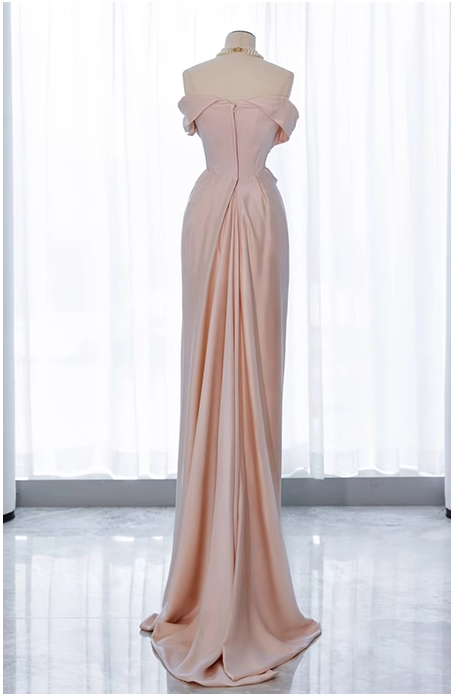 Pink off-shoulder  satin formal maxi dress, pink evening gown dress ED0943