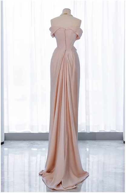 Pink off-shoulder  satin formal maxi dress, pink evening gown dress ED0943