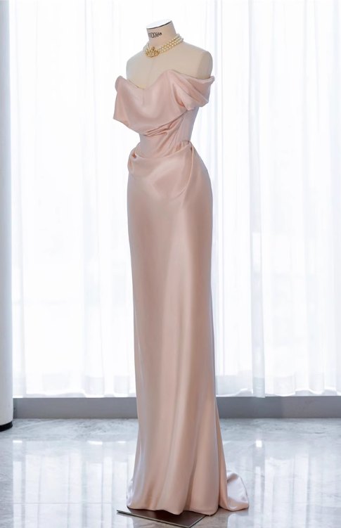 Pink off-shoulder  satin formal maxi dress, pink evening gown dress ED0943