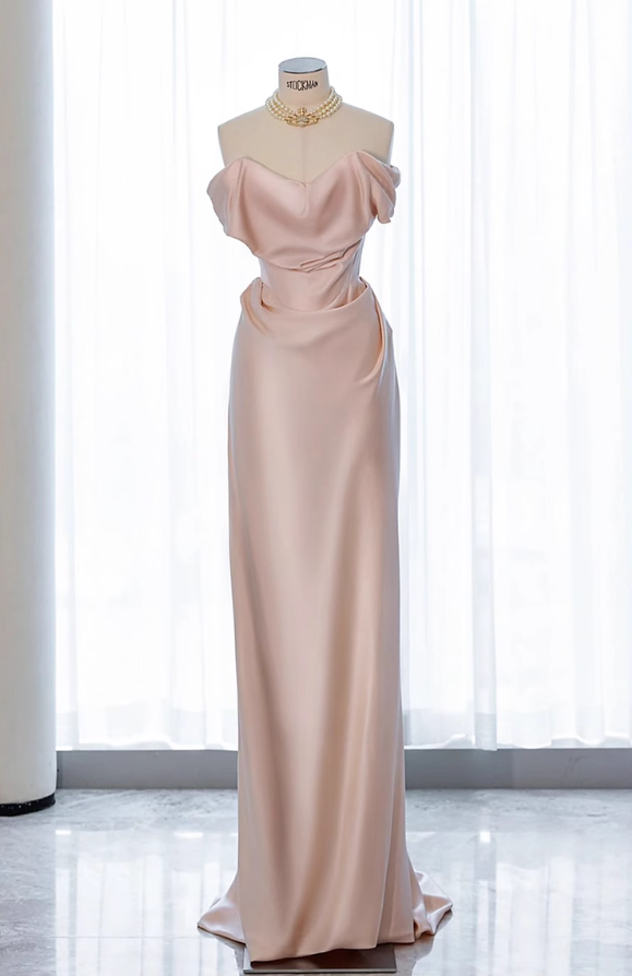 Pink off-shoulder  satin formal maxi dress, pink evening gown dress ED0943