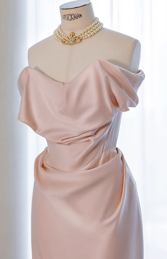 Pink off-shoulder  satin formal maxi dress, pink evening gown dress ED0943