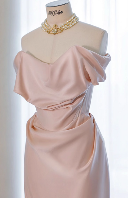 Pink off-shoulder  satin formal maxi dress, pink evening gown dress ED0943