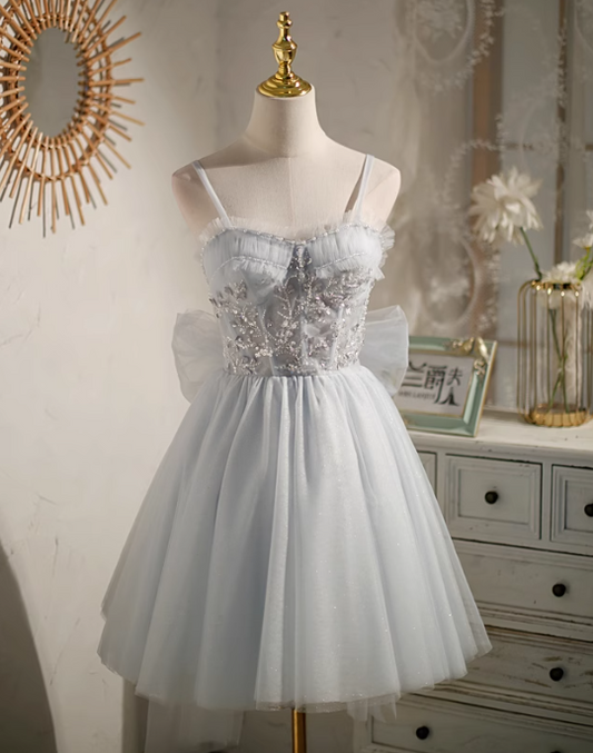 Gray A-line mesh sequined beaded birthday dress, gray homecoming dress ED0949