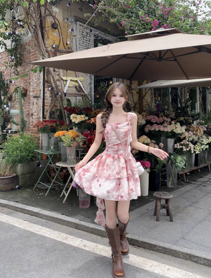 Irregular pink floral suspender dress ED0951