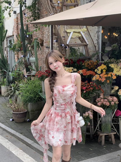 Irregular pink floral suspender dress ED0951