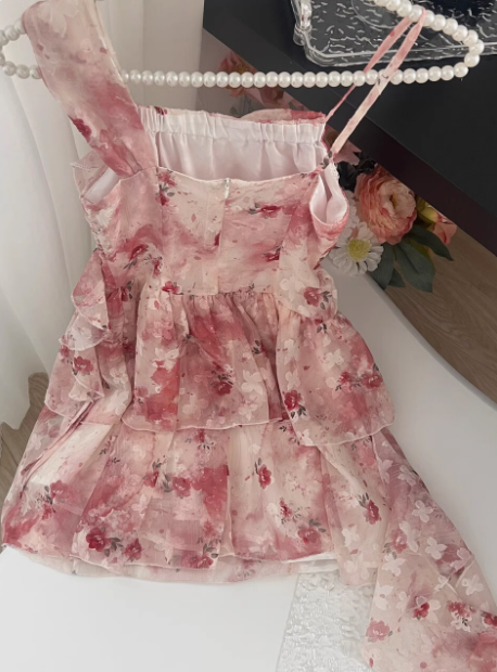 Irregular pink floral suspender dress ED0951