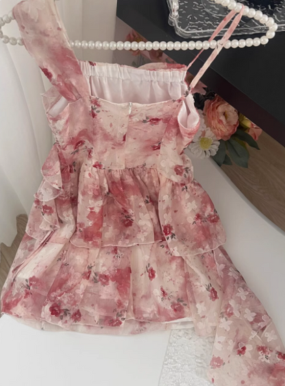 Irregular pink floral suspender dress ED0951