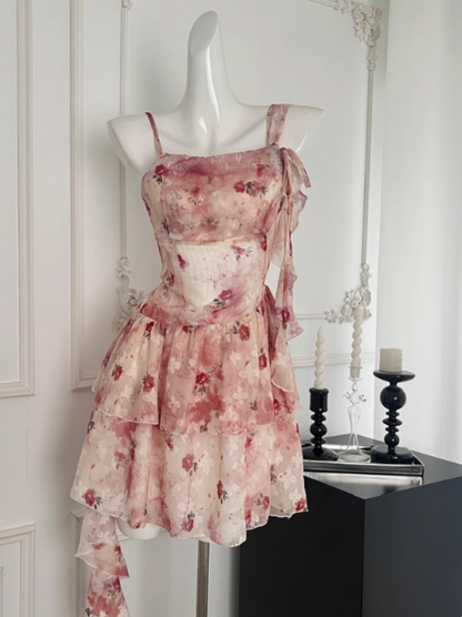 Irregular pink floral suspender dress ED0951