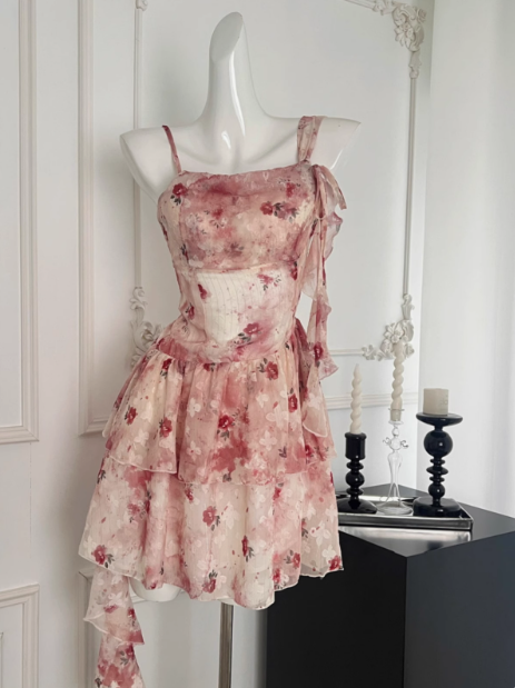 Irregular pink floral suspender dress ED0951