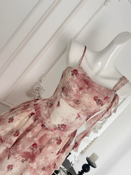 Irregular pink floral suspender dress ED0951