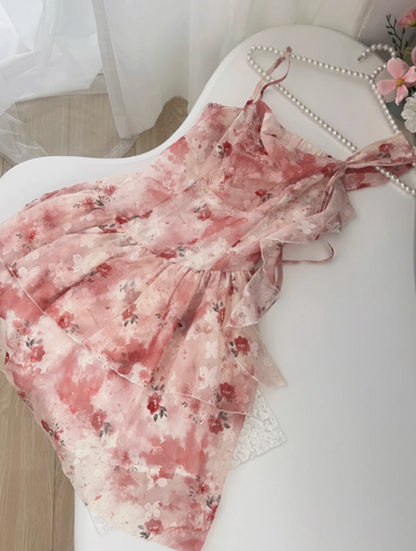 Irregular pink floral suspender dress ED0951