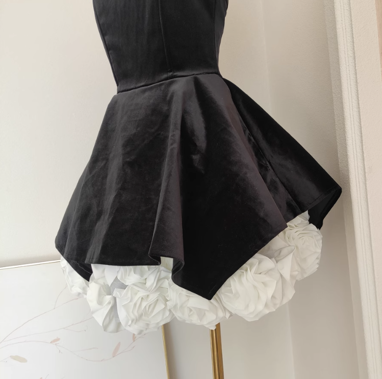 A-line Velvet tube top mesh patchwork 3D flower contrast color dress, birthday dress ED0962