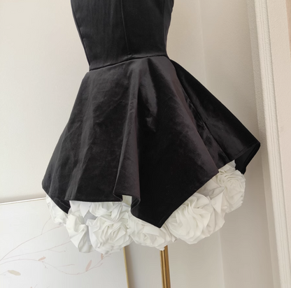 A-line Velvet tube top mesh patchwork 3D flower contrast color dress, birthday dress ED0962