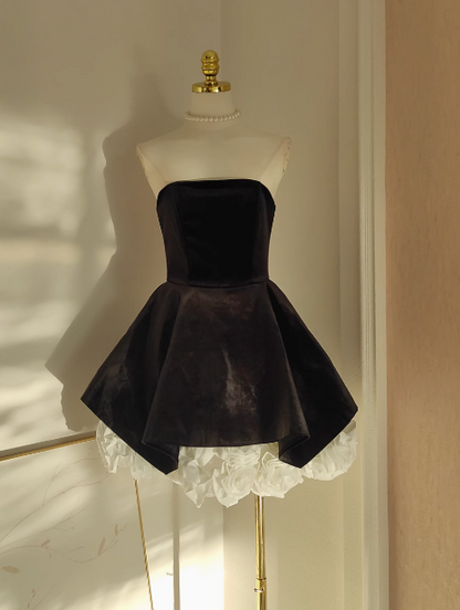 A-line Velvet tube top mesh patchwork 3D flower contrast color dress, birthday dress ED0962