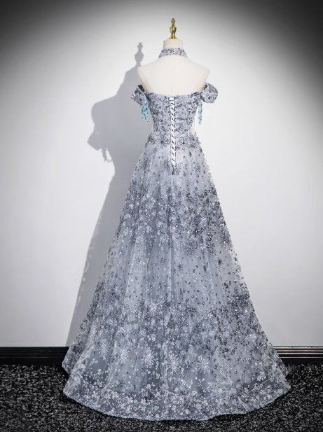 Gray A-line Off-shoulder Tulle Long Prom Dress, Gray Evening Dress ED0963