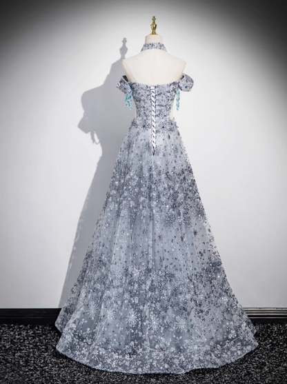 Gray A-line Off-shoulder Tulle Long Prom Dress, Gray Evening Dress ED0963