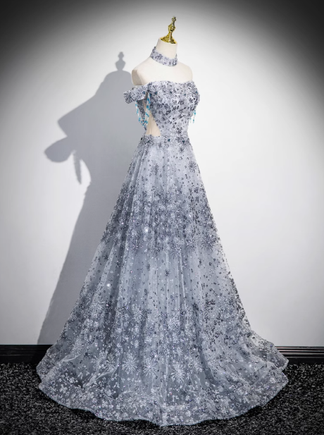 Gray A-line Off-shoulder Tulle Long Prom Dress, Gray Evening Dress ED0963